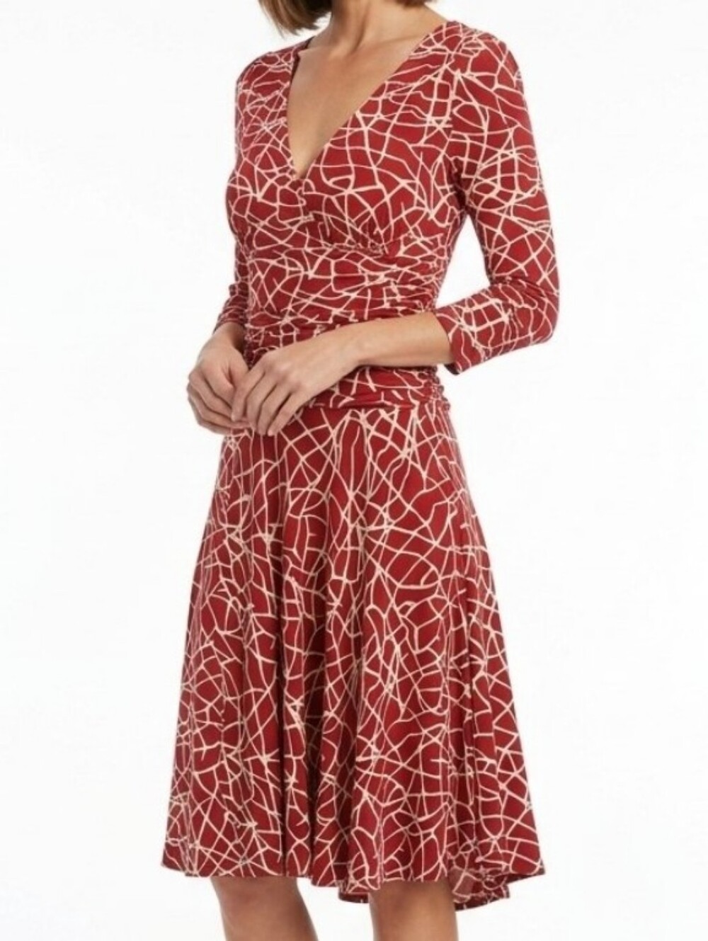 BCBG MAXAZRIA Slinky Stretch Burgundy Red White 3/4 Sleeve Print Rutched Dress S